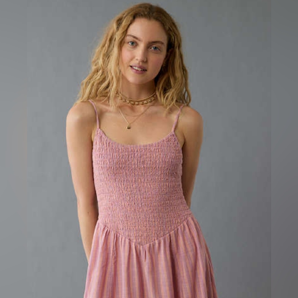 American Eagle Bella Midi Dress Pink Orange Stripes Maxi Party Summer Cotton